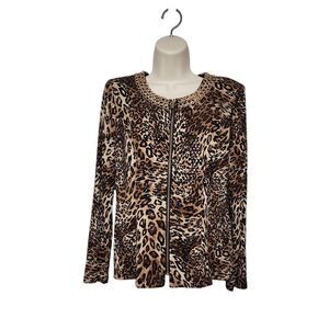 MSK Women's Full Zipper Animal Print Long Sleeve Blouse Size M Color Brown/Black